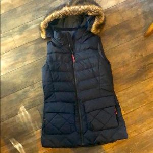 North Face navy down hooded fur vest size small